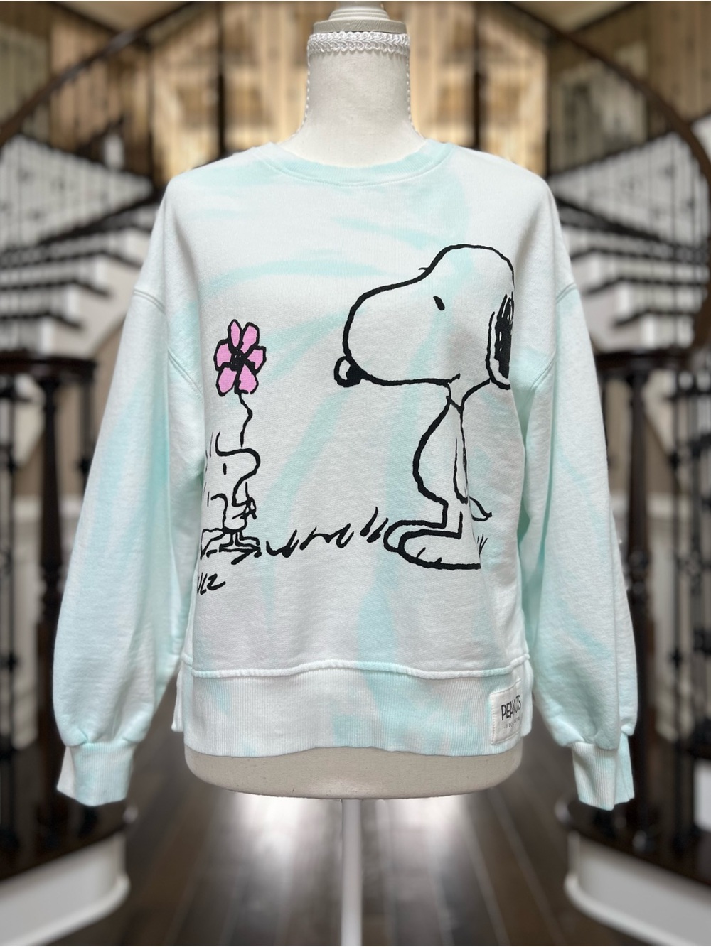 NWOT Zara Girls Light Mint Blue Tie-Dye Sweatshirt Top Snoopy & Woodstock 10